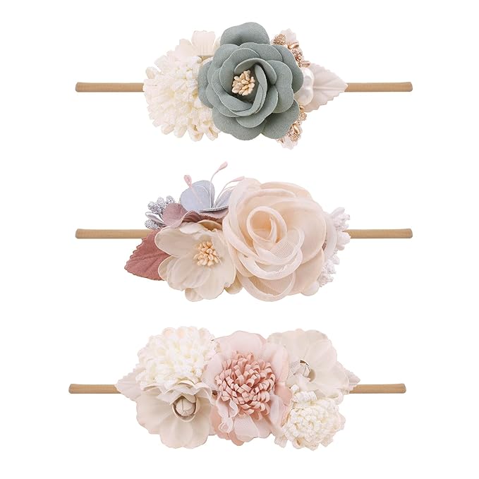 Baby Girl Floral Headbands- 3pcs Nylon Headband Handmade Flower Crown Elastic Hairband Newborn Toddler Hair Accessories Gifts for Girls （1-6 years old）