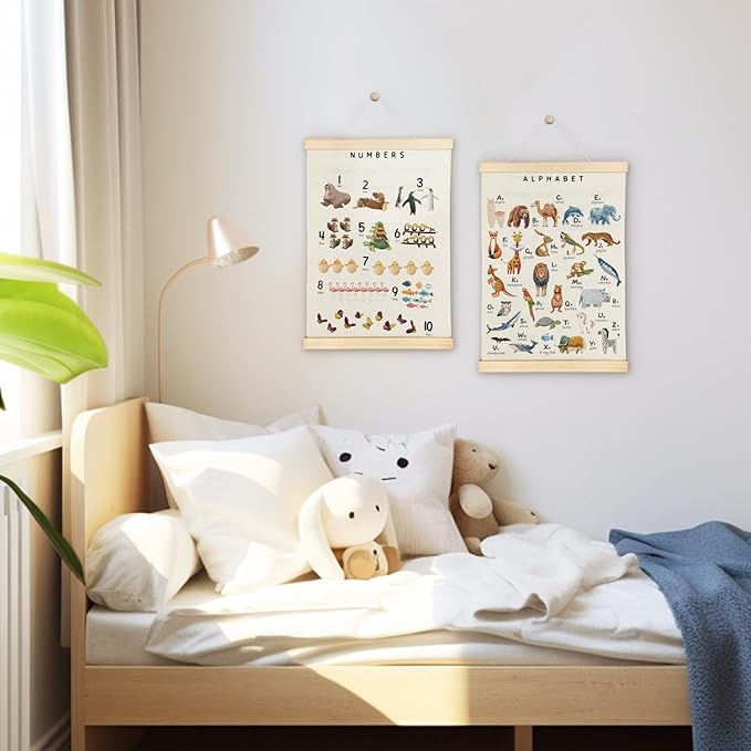 SereneHanctuary Animal Alphabet Numbers Poster Hanger Frame,Educational Abc Number Wall Art for Kids Playroom Nursery Room Classroom Decor,12X16Inches
