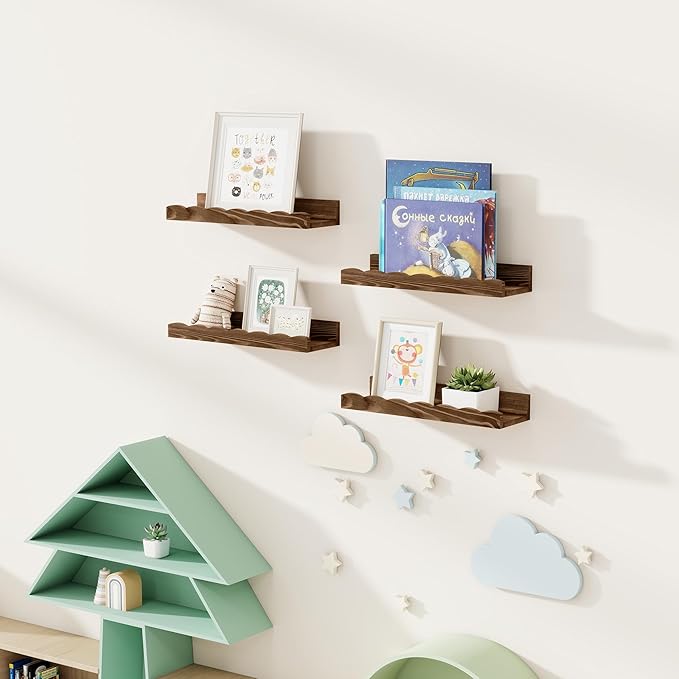 Fun Memories Picture Ledge Shelf for Wall, 16 inch Pine Wood Nursery Book Shelves Set of 4- Wall Book Shelves for Kids Room, Home Decor - Kitchen Spice-Carbonized