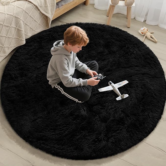 EVOIONOS Black Round Rug for Bedroom, 4x4 Ft Fluffy Soft Circle Area Rugs for Living Room, Plush Shaggy Circular Carpet for Indoor Floor Bedside Kids Nursery, Machine-Washable Home Decor Aesthetic