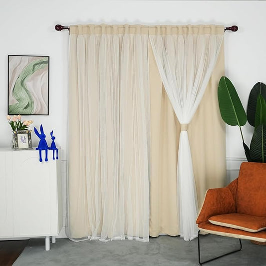 INLINAS 52 x 84 Inches Beige Blackout Curtains with Sheer Overlay - Back Tab and Rod Pocket Thermal and Noise Reduction Panels for Bedroom and Living Room Light Blocking and Energy Saving, Set of 2
