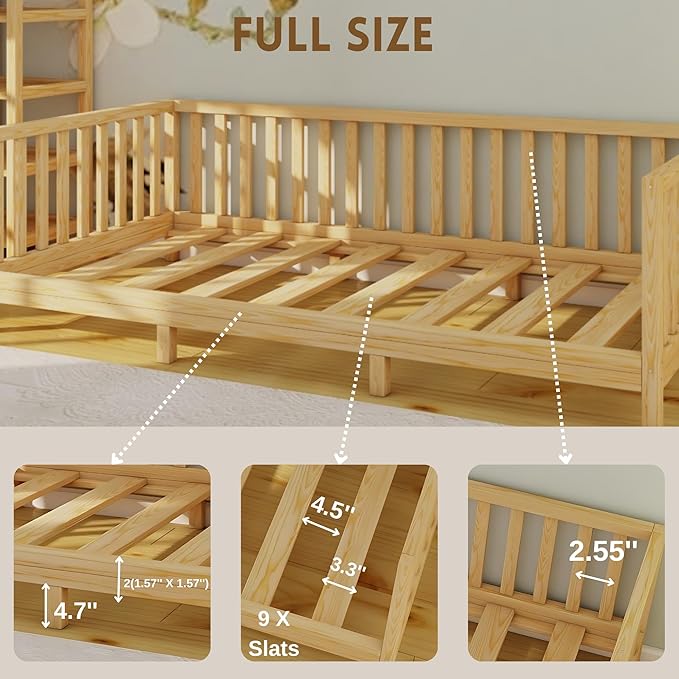 Montessori Floor Bed Designed with Open Front and Footed Model for Girls and Boys | Pine Wood Natural Solid Frame Beds with Slats | Sturdy Designed Floor Bed Frame for Kids (Full, Height : 23 Inches)