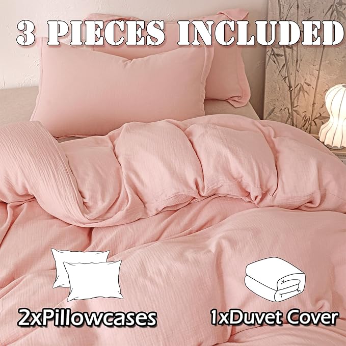 MorroMorn Muslin Duvet Cover Queen Size, 100% Breathable Cotton Comforter Cover Sets, Ultra Soft 2-Layer Gauze Duvet Cover Set 3 PCS with 2 Pillowcases, Lightweight Linen Like, 90"x90", Pink