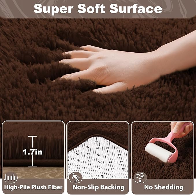 EVOIONOS 8x10 Washable Large Area Rug for Living Room, Fluffy Shag Rug for Bedroom, Ultra Soft Plush Non Slip Carpet for Indoor Floor Bedside Nursery Kids Girls Room Dorm, Home Decor Aesthetic Coffee