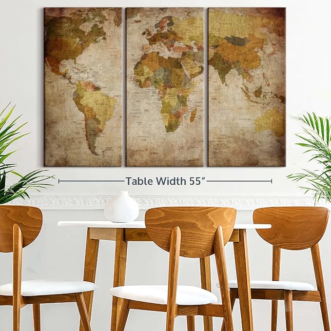 ElephantStock World Map Multi Piece Canvas - 3 Piece Canvas World Map Wall Decor - Wall Decor - Ready-to-Hang Print - Vintage Wall Art - 57" X 36"