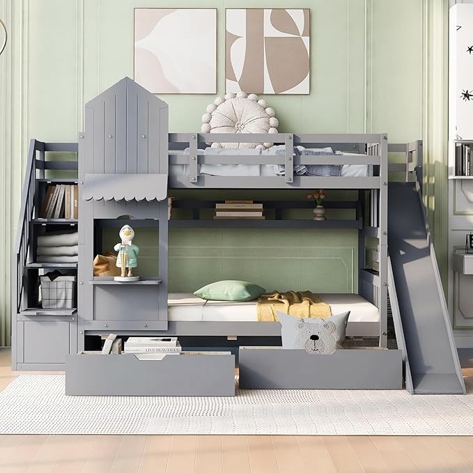 MERITLINE Twin Over Twin Castle Bunk Bed with Slide,Stairs and Drawers,Solid Wood Floor House Princess Bunk Bed with Storage Shelves (Grey)