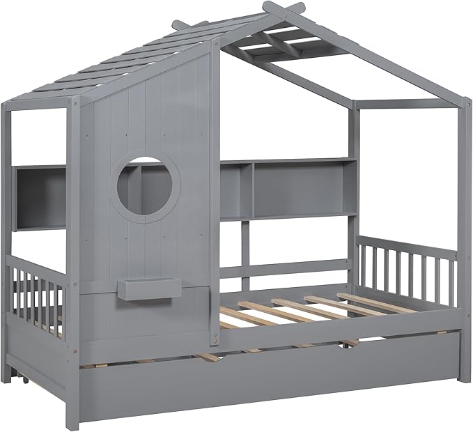Harper & Bright Designs Twin Size Modern House Bed with Roof, Wooden Twin Kids House Bed Frame with Trundle and Storage Shelf, Gray
