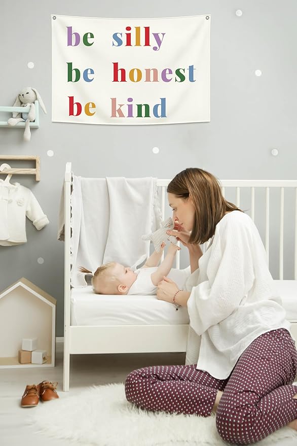 Boho Rectangular Banner Flag Sign Wall Art Decor Gift for Baby Boy Girl Kids,Nursery Classroom Homeschool Playroom Door-Be Silly Be Honest Be Kind Print-Baby Present Shower,Birthday Christmas Gift