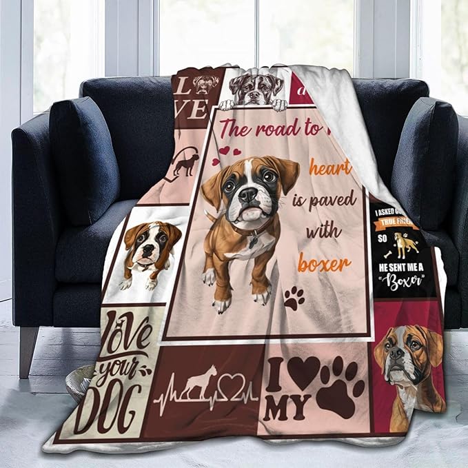 Boxer Blanket Cute Puppy Decor Throw Blanket Super Soft Flannel Lightweight Fluffy Plush Cozy Fuzzy Fleece Blanket Gifts for Dog Lover Girl Boys Woman Man Kids Adults for Bed Sofa Couch 50"X60"