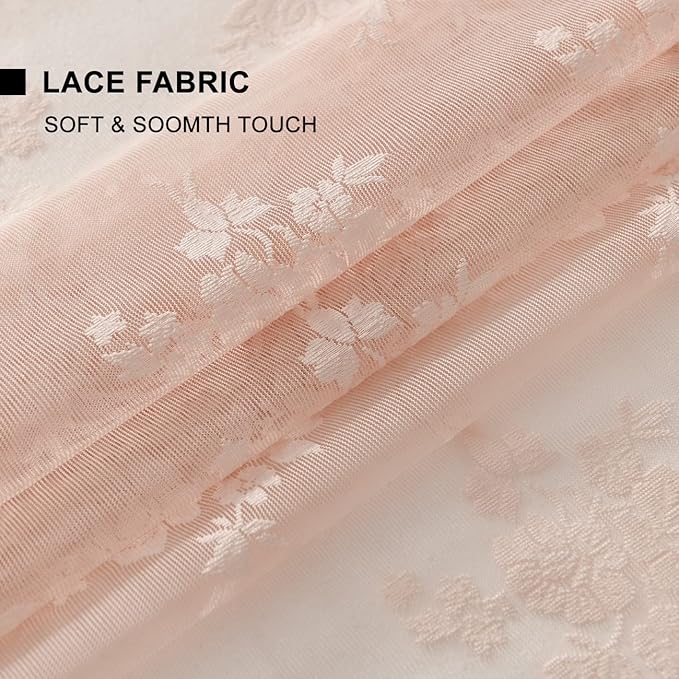Kotile Blush Pink Lace Curtains for Bedroom, Country Floral Embroidered Vintage Sheer Lace Curtains 45 Inch Length 2 Panels Set, Rod Pocket Privacy Scalloped Lace Window Curtains, Each 52 x 45 Inch