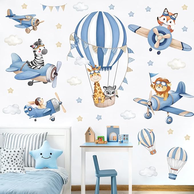 decalmile Blue Hot Air Balloon Animals Wall Decals Airplane Animals Giraffe Lion Fox Wall Stickers Baby Nursery Kids Bedroom Living Room Wall Decor
