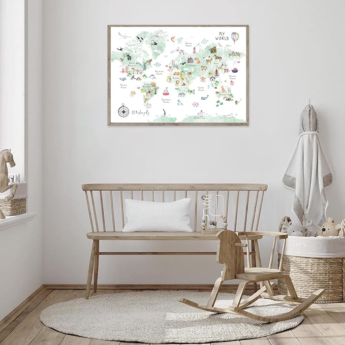 Green Kids World Map Wall Art Animal Map Canvas Wall Art Nursery Wall Decor World Map Poster Childrens Room Decor Playroom Prints Educational Artwork 16x24 Inch Unframed
