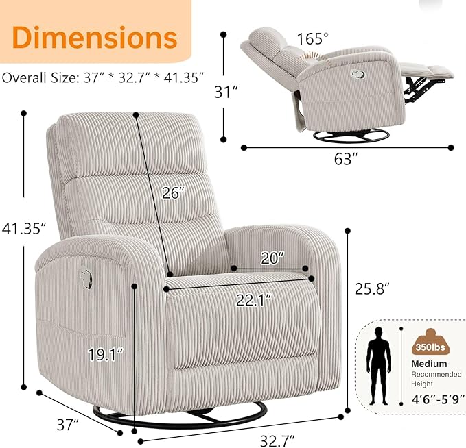 Swivel Recliner Chair for Adult, Upholstered Rocker Recliner Glider for Nursery, Manual Comfort Rocking Recliners for Living Room, Bedroom, Corduroy Camel