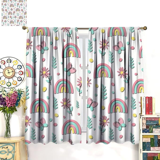 Kids Rainbow Curtains Boho Cartoon Colorful Stars Love Heart Lovely Abstract Art Pattern Print Window Drapes for Girl Bedroom Living Room Kitchen Decor,2 Panel Set,84Wx84H Inch Blackout