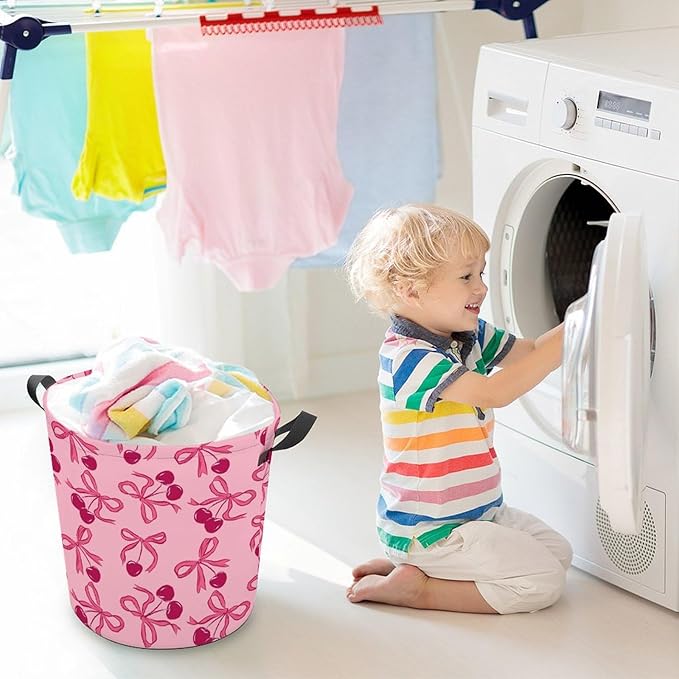 Pink Laundry Basket Cherry Decor Bow Laundry Hamper Clothes Toy Storage Bin for Bedroom Bathroom