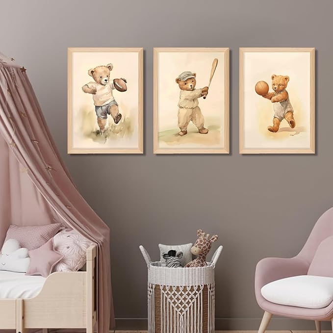 Framed Bear Wall Art Nursery Decor Set of 3, Cute Vintage Baby Bear Sports Pictures Wall Decor, Nursery Animal Poster Prints, Wild Animals Canvas for Children Bedroom Boy Room Decoration – 16x24 inch