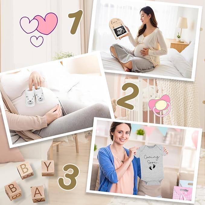 9 Pcs Pregnancy Announcements Set, Include Felt Letter Board Baby Bodysuit Shoes and Wooden Sign Surprise Announcement for Grandparents Partner Gift Family Reveal(Grey Coming soon-white shoe)