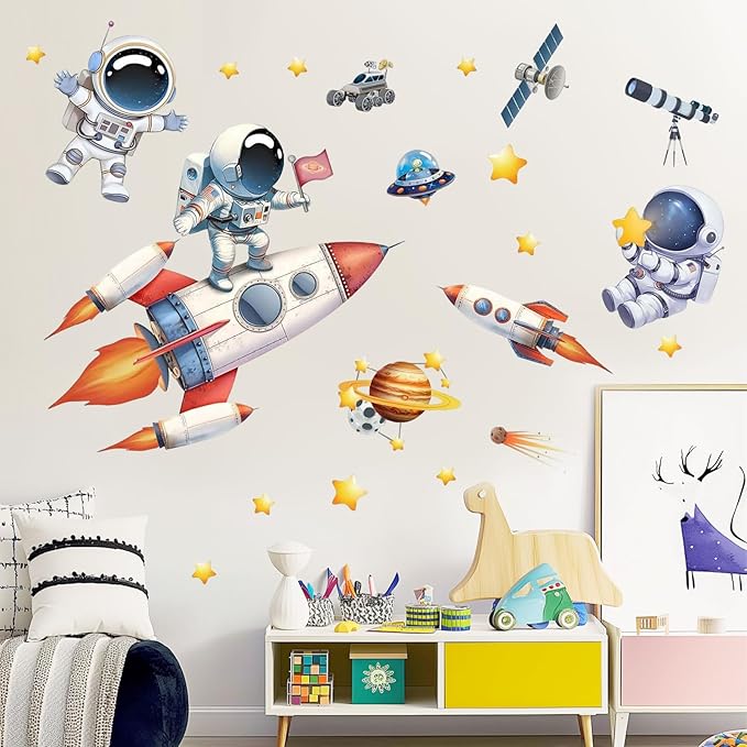 Astronaut Wall Decals Removable Peel and Stick Window Clings 2-Sheet Set with Planets, Outer Space, Rocket Boys Design for Kids Room, Nursery Classroom, Playroom Wall Decor
