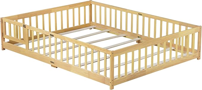 Queen Size Floor Bed with Fence and Door,Rubber Wood Floor Bed w/Safety Guardrails/Near The Ground,Easy to Assemble & No Box Spring Needed, Natural