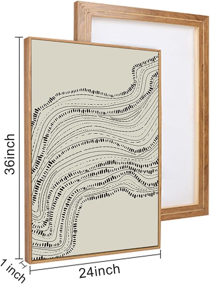 HLNIUC Neutral Abstract Framed Canvas Wall Art Set, Black Beige Wave Line Wall Decor, Large Minimalist Painting, Modern Geometric Art Print for Living Room, Bedroom, Dinning Room, Office - 24"x36"x3