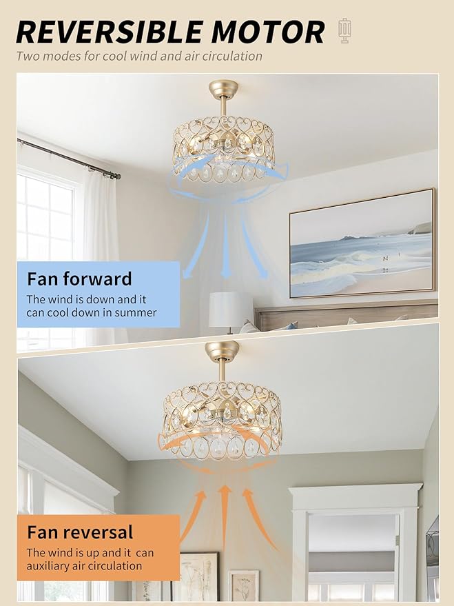 20" Gold Crystal Fandelier Ceiling Fans with Lights, Gold Chandelier Ceiling Fan with Light Remote Control, Mid-Century Modern Caged 6 Speeds for Bedroom, Nursery, Foyer, Living Room