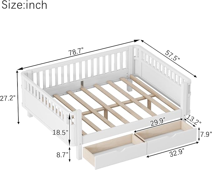 KEIKI Full Size Wooden Floor Day Bed w/Large Storage Drawers, Space Saving Corner Platform Daybed Frame, Removable Safety Rail, Montessori Kids Beds for Boys Girls Bedroom, No Box Spring Needed, White