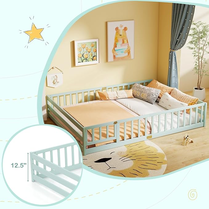 KOMFOTT Queen Size Wood Floor Bed with Door & Fence, Montessori Bed Frame with Full Length Safety Guardrails, Door & Latch, Wooden Montessori Floor Bed for Kids, Girls, Boys (Queen,Light Green)