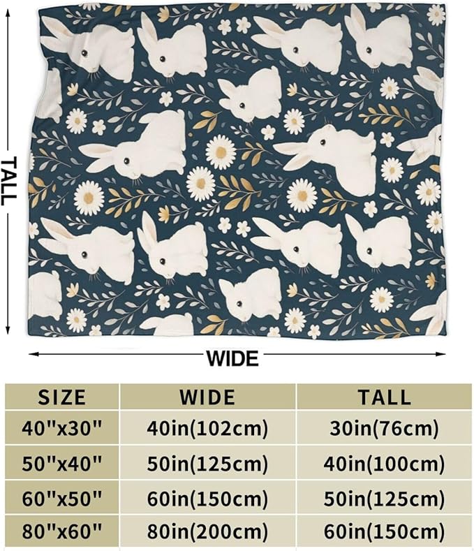 Rabbit Blanket Rabbits Flower Floral Throw Blanket Soft Cozy Fleece Fuzzy Plush Warm Stuff Bedding Farm Animal Nursery Toddler Baby Blankets Gifts for Boys Girls Kids Adult Men Women 50"X60"