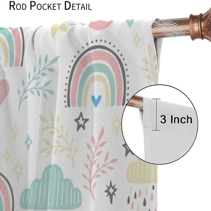 Boho Rainbow Curtains for Kids Nursery Colorful Floral Sun Star Clouds Pastel Bohemian Pattern Print Window Drapes for Girl Bedroom Living Room Kitchen Decor,2 Panel Set,55Wx63H Inch Blackout