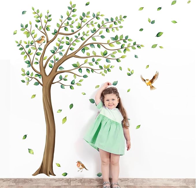 Tanlaby Large Tree Wall Stickers Green Leaves Birds Wall Decals Peel and Stick Falling Leaf Art Decor for Kids Girls Nursery Room Bedroom Living Room Kindergarten (H: 64 inch)