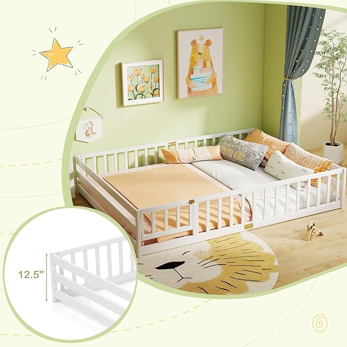 KOMFOTT Queen Size Wood Floor Bed with Door & Fence, Montessori Bed Frame with Full Length Safety Guardrails, Door & Latch, Wooden Montessori Floor Bed for Kids, Girls, Boys (Queen,White)