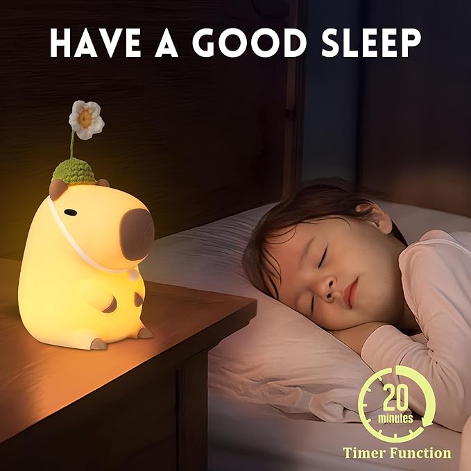 Cute Capybara Night Light, Squishy Animal Flower Lamp with Rechargeable Timer Dimmable, Nursery Nightlight Home Bedside Decor Birthday Christmas White Elephant Gift for Kids Women Friend