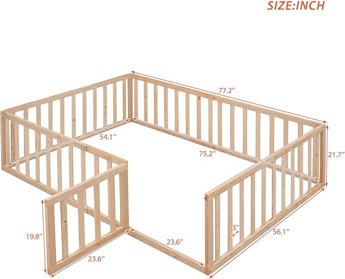 Merax Full Floor Bed with Safety Guardrails and Door, Wood Montessori Floor Bed Frame for Kids, Full Playhouse Bed Frame for Baby Girls and Boys, Natural