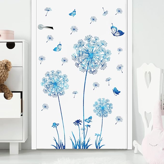 Dandelion Wildflower Wall Decals Art, Calcomanías para Pared Peel and Stick Floral Butterflies Flying Decor for Girls Kids Women Baby Nursery Room Bathroom Sofa Backdrop TV Wall (Light Blue)