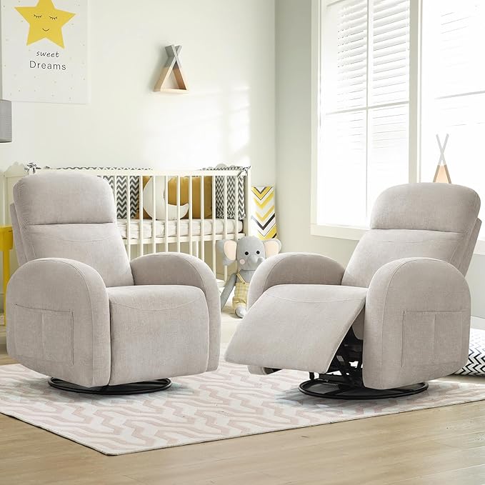 Nursery Swivel Rocker Recliner, Manual Nursering Glider Recliner, Chenille Swivel Rocking Nursery Recliners with Double Pockets for Living Room, Camel