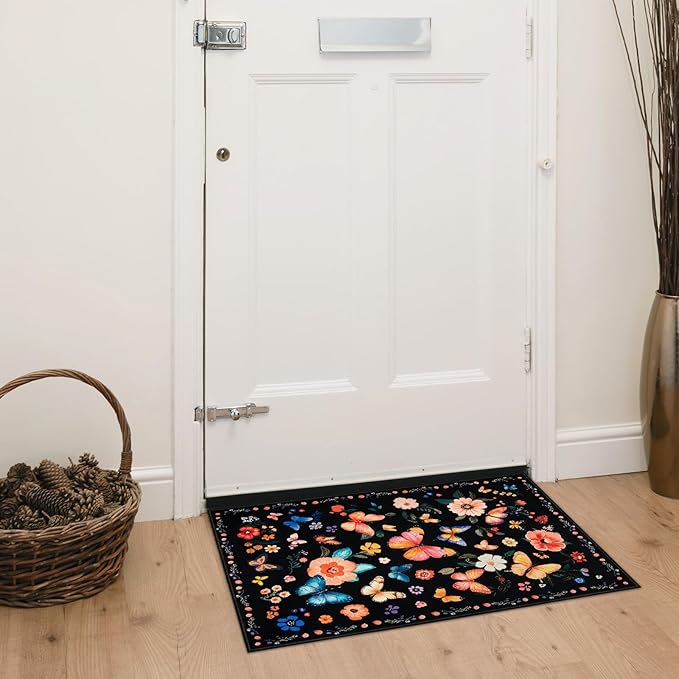 2x3 Machine Washable Area Rug, Non-Slip Small Vintage Floral Entryway Rug for Front Door, Low Pile Indoor Door Mat for Entryway, Bedroom, Dining Room & Kitchen(2x3 Black Floral)