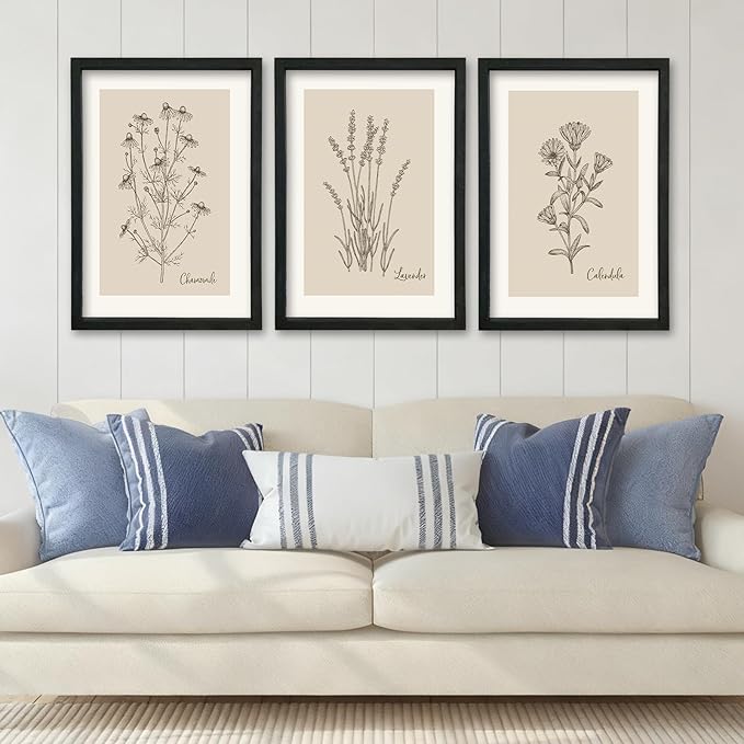 YWJKWLGS Vintage Botanical Wall Art 16x24 Inch Set Of 3 Wooded Framed Minimalist Rustic Wildflower Pictures Floral Sign Bedroom Wall Hanging Decor (Black)
