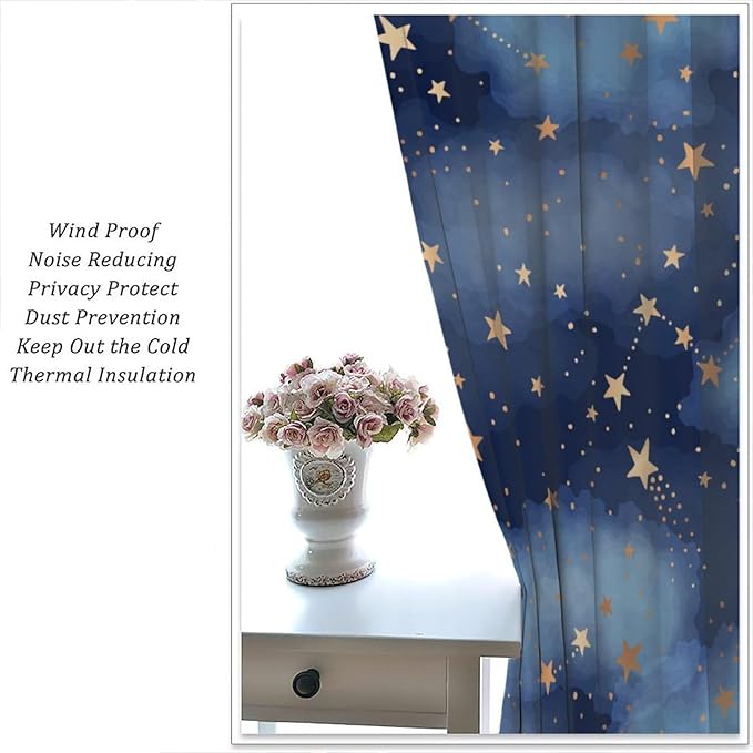 Starry Sky Blackout Curtains, Starry Scenery Blue Night Sky Stars Window Drapes for Kids Boys Girls Bedroom Living Room 72" W X 63" L