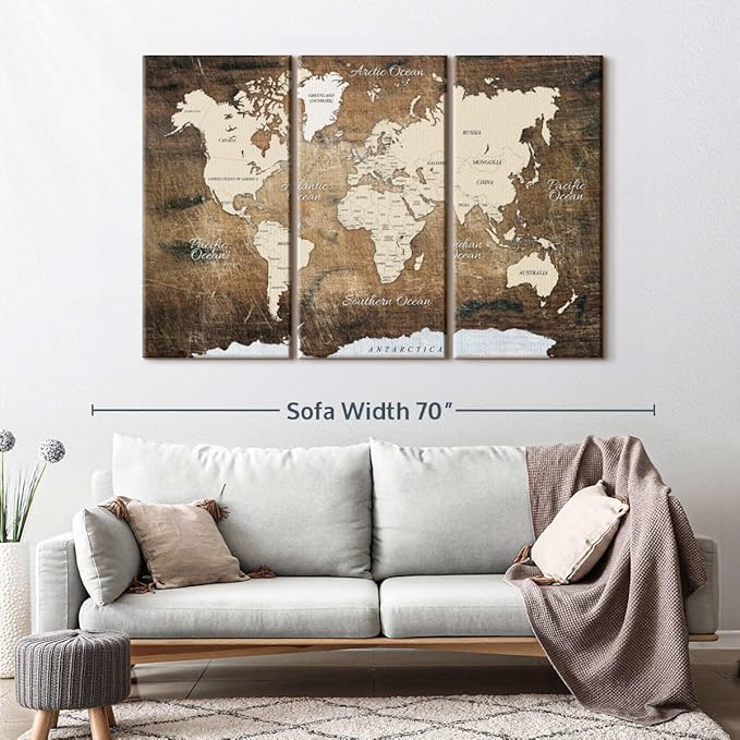 ElephantStock Aged Brown World Map I Wall Art - 3 Piece Canvas World Map Wall Decor - Ready-to-Hang Canvas Print - Vintage Wall Art - 57" X 36"
