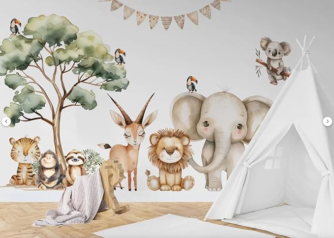 Safari Jungle Wall Stickers – Safari Animals Wall Decals for Nursery – Kids Room Wall Art – Removable Vinyl Stickers for Baby Room Decor – Giraffe Elephant Lion Wall Mural (Set2)