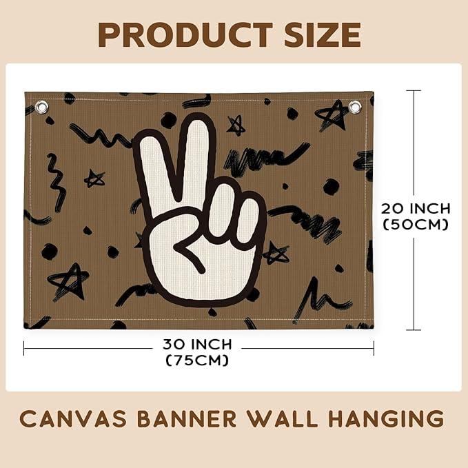 Boys Room Playroom Nursery Decor, Peace Hand Linen Banner Wall Hanging Flag, Retro Preppy Boys Gifts for Boy Room Dorm Decor 20x30