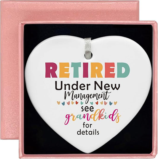 Funny Retirement Gift for Grandma Nana-Heart Shaped Christmas Ornament-Retired Under New Management-Grandmother Appreciation Present-Ceramic Keepsake with Gift Box