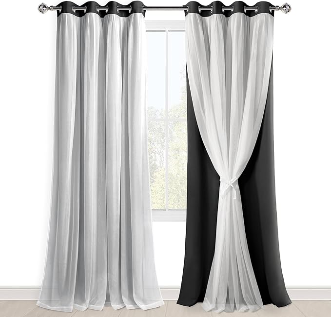 Hiasan Black Blackout Curtains with White Sheer, Mix & Match Double-Layer Thermal Insulated Sun Blocking Grommet Window Curtains for Bedroom, Living Room, 2 Drape Panels with Tiebacks, 52W X 96L
