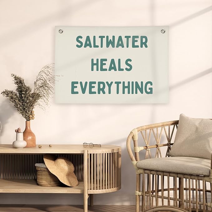Beach Room Decor Coastal Decor, Saltwater Heals Everything Wall Hanging Flag,Surf Aesthetic Summer Banner for Room Apartment Playroom Living Room Decor,Teen Decor,Beachy Wall kidroom