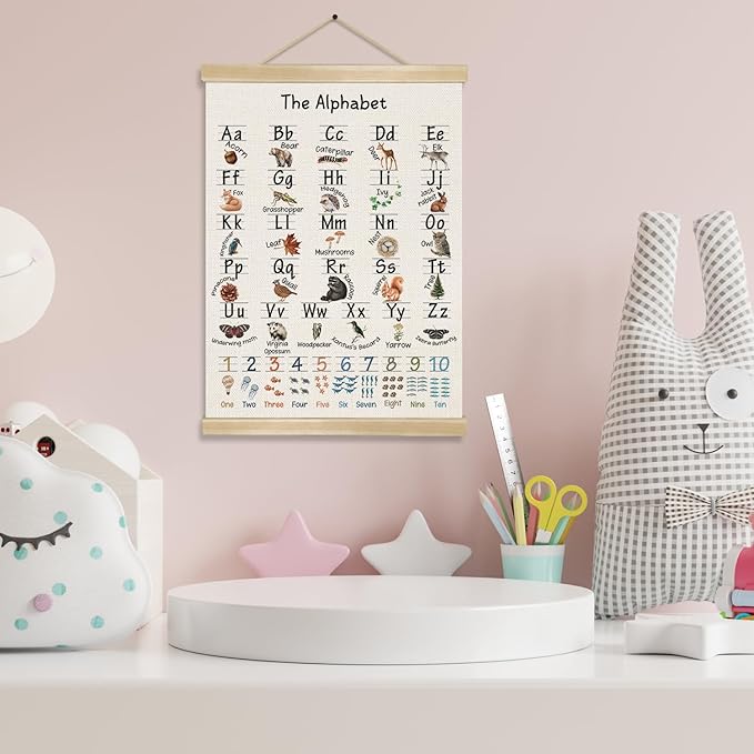 You found a duck The Alphabet and Numbers Linen Canvas Wall Art Poster 18.5x14 Inch, Educational Numbers 1-10 and 26-Letter Learning Chart for Kids, Nature Animal Classroom Nursery Playroom Decor
