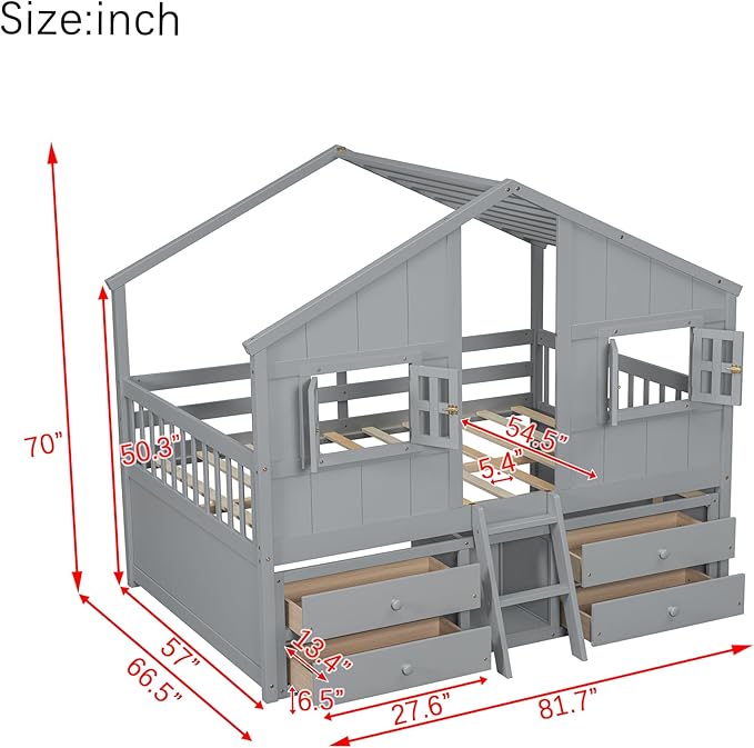 Harper & Bright Designs Full Size House Loft Bed with 4 Storage Drawers, Low House Montessori Bed with Roof and Windows, Safety Guardrails for Kids, Girls, Boys, Grey