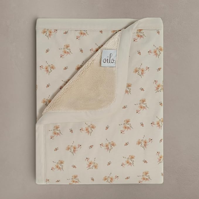 Oilo Baby Blanket, Luxury Plush Chenille Backing & Organic Cotton Jersey Print, Double Layered, 30" x 40", Rolled Jersey Edge Trim, Infant & Toddler Size, Heirloom Organic Collection, Dainty Floral