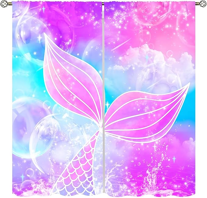 Suitable for Girls Mermaid Curtains, Rainbow Pink Purple Mermaid Tail Fish Scales Fantasy Ocean Print Curtains for Living Room Children Baby Room Nursery, 63x63 Inches