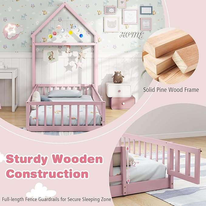 MAT EXPERT Twin Floor Bed with House-Shaped Headboard, Montessori Kids Bed with Detachable Clothes Hanger, Full Length Safety Guardrails, Solid Wood Twin Bed Frames for Kids (Pink)