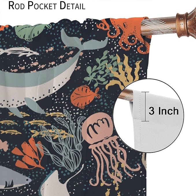 Sea Animals Curtain Cartoon Fish，Undersea Cute Whales Dolphin Underwater Wild Life Blue Ocean Boys Girls Waterproof Polyester Fabric Bedroom Decoration Set 2 Panels,72x63 Inches